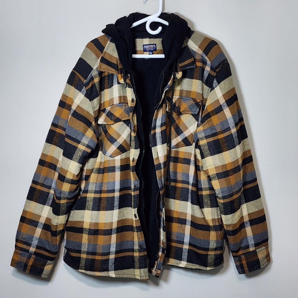 Smiths Workwear Hooded Flannel Shirt Jacket Mens XXL Plaid Sherpa Lined Winter